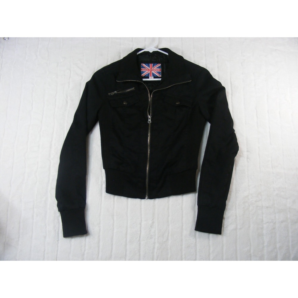 Miss London Full Zip Jacket Girls Small Black Excellent Twill Cropped Military